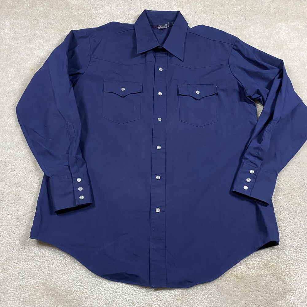 Lariat Shirt Mens XL Blue Solid Long Sleeve Western Pearl Snap Pockets Cowboy